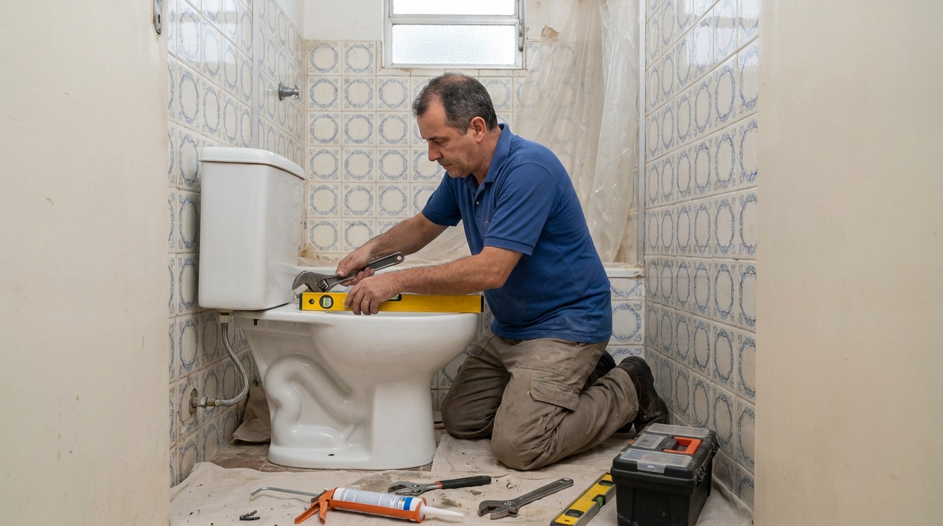 Técnico instalando vaso sanitário em Aracaju‑SE